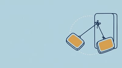 Illustration of two panels tethered to a block, one having swung across a dotted arc to the opposite side