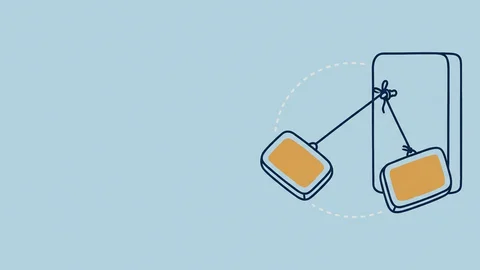 Illustration of two panels tethered to a block, one having swung across a dotted arc to the opposite side