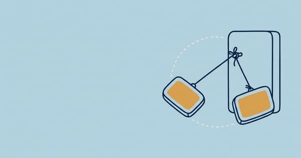 Illustration of two panels tethered to a block, one having swung across a dotted arc to the opposite side