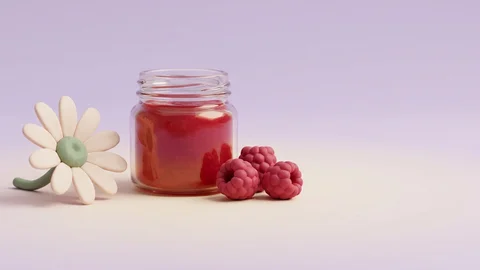Clay-style still life of a jar of fruit jam with raspberries beside a plain daisy flower