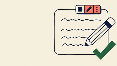 Illustration of a text box with an editor toolbar and a pencil writing in it, beside a green check mark