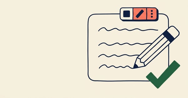 Illustration of a text box with an editor toolbar and a pencil writing in it, beside a green check mark