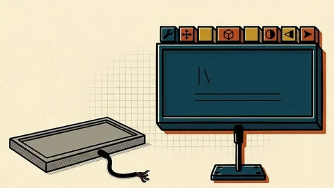 Screen-print illustration of an input panel with a toolbar along its top, bolted firmly to a base, beside a tipped-over grey panel whose cable has been cut
