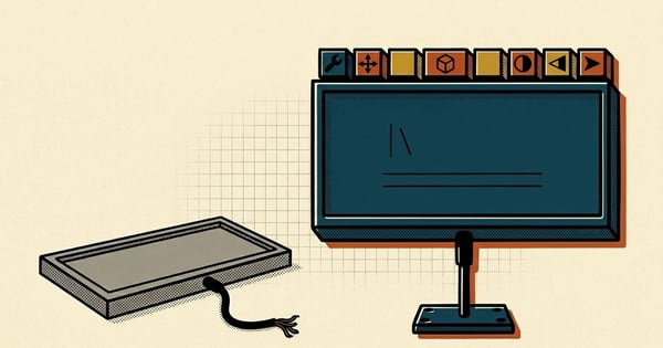 Screen-print illustration of an input panel with a toolbar along its top, bolted firmly to a base, beside a tipped-over grey panel whose cable has been cut