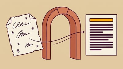 Illustration of a torn sheet of scribbled notes passing through an archway and emerging as a clean typeset page
