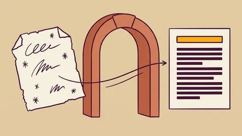 Illustration of a torn sheet of scribbled notes passing through an archway and emerging as a clean typeset page