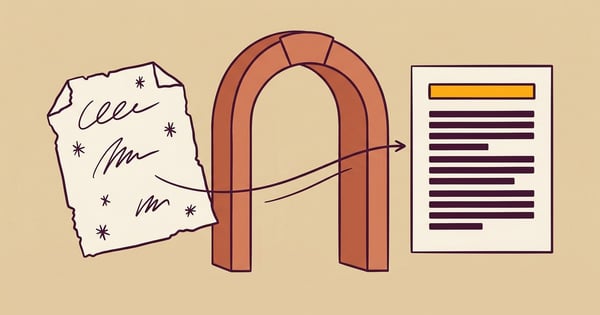 Illustration of a torn sheet of scribbled notes passing through an archway and emerging as a clean typeset page