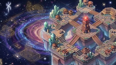 Isometric illustration of a floating island city with a glowing central tower, linked by bridges to several surrounding platforms, against a galaxy background