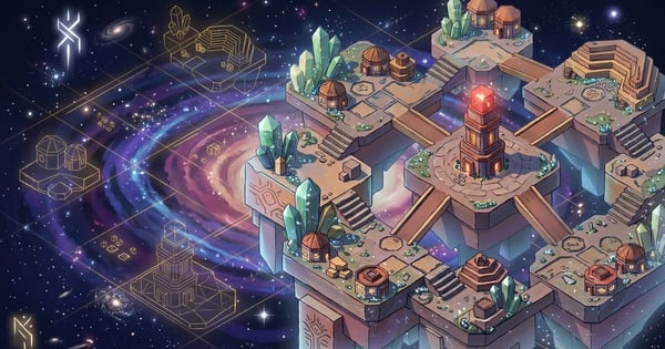 Isometric illustration of a floating island city with a glowing central tower, linked by bridges to several surrounding platforms, against a galaxy background