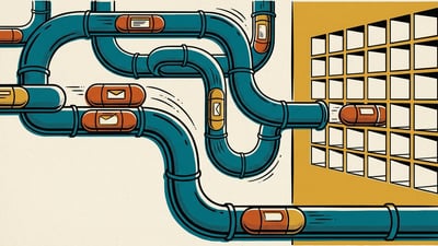 Retro poster illustration of capsules travelling through pneumatic tubes into a wall of pigeonholes