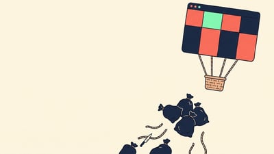 Illustration of a browser window as a hot-air balloon rising while heavy sandbags fall away