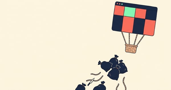 Illustration of a browser window as a hot-air balloon rising while heavy sandbags fall away