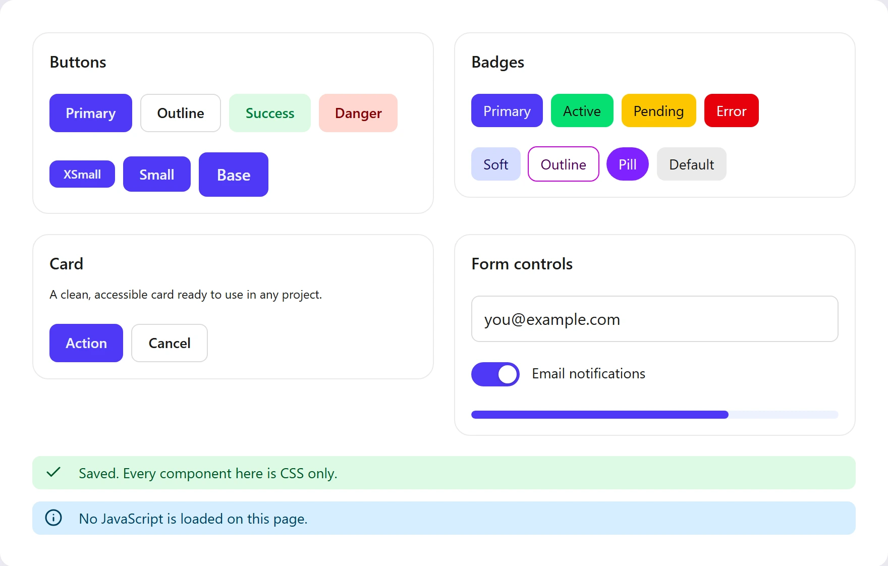 Frutjam components: buttons, badges, a card, form controls and alerts, rendered in the light theme